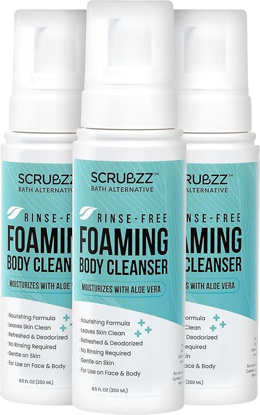 Scrubzz No Rinse Body Wash for Elderly, Rinse Free Cleansing Foam, Waterless Foaming Cleanser for Men and Women, Great for Camping, Gym and Post Workout, Hospital Stays and Post Surgery - 3 Pack