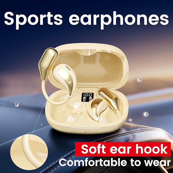 Open Ear Wireless Bluetooth Headphones, Sport Over Headset Built-in Mic, LED Display, Touch Control Earphones, IPX5 Waterproof for Sports Running Driving Cycling (Khaki)