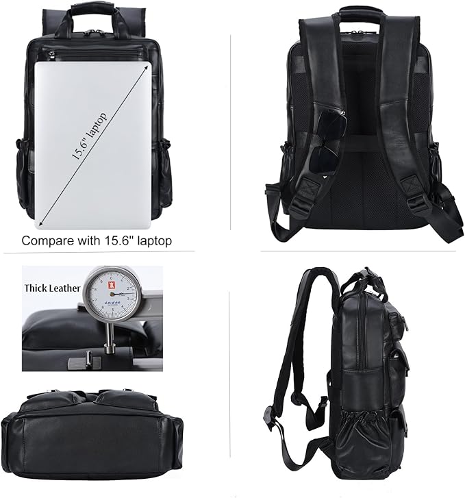 Masa Kawa Black Leather Backpack for Men 15.6 Inch Laptop Bag Multi Pockets Casual Work Business Travel Daypack