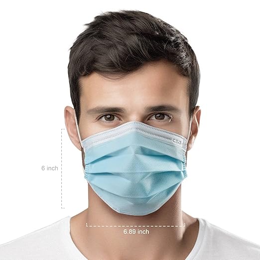 CSD Colo 50 Pcs ASTM Level 1 Disposable Face Masks, 3 Ply Adult Mask with Elastic Ear Loop, Nose Bridge Clip, Breathable Comfortable Mask Great for Indoor, Outdoors Use (Blue)
