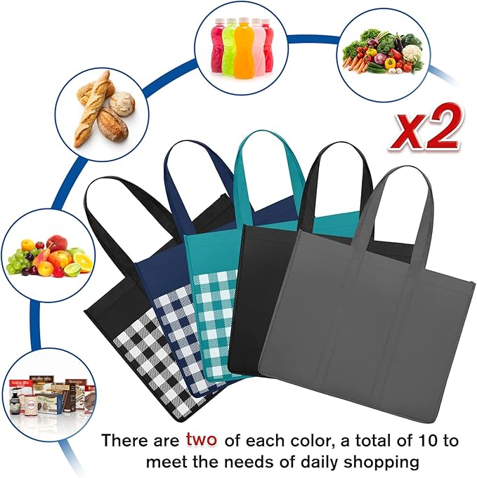 WISELIFE Reusable Grocery Shopping Bags 10 Pack Large Foldable Tote Bags Bulk, Eco Produce Bags with Long Handle for Shopping Groceries Clothes (Plaid B)