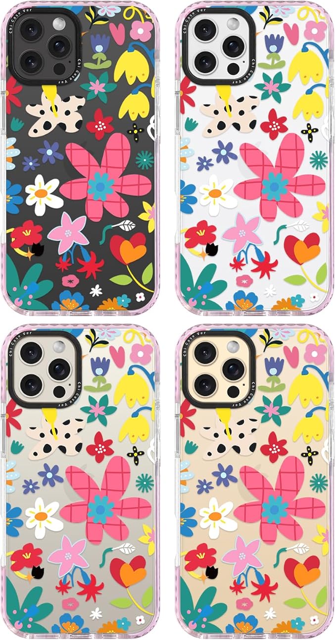 for iPhone 16 Pro Case, Whimsical Floral Collage Pattern, Military-Grade Drop Protection, Cute Soft Slim TPU Protective Cover with Camera Lens Protection for Women & Girls