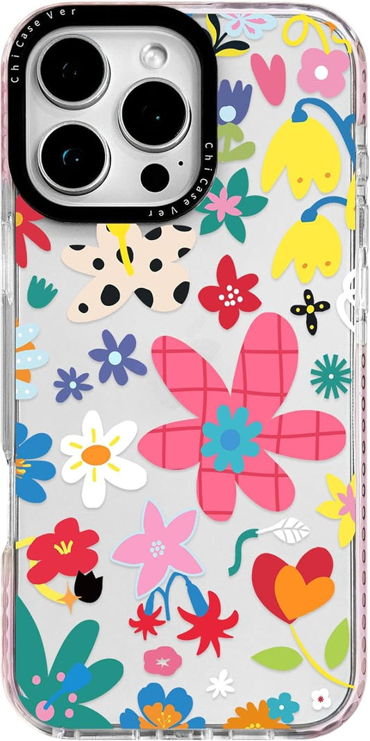 for iPhone 16 Pro Case, Whimsical Floral Collage Pattern, Military-Grade Drop Protection, Cute Soft Slim TPU Protective Cover with Camera Lens Protection for Women & Girls