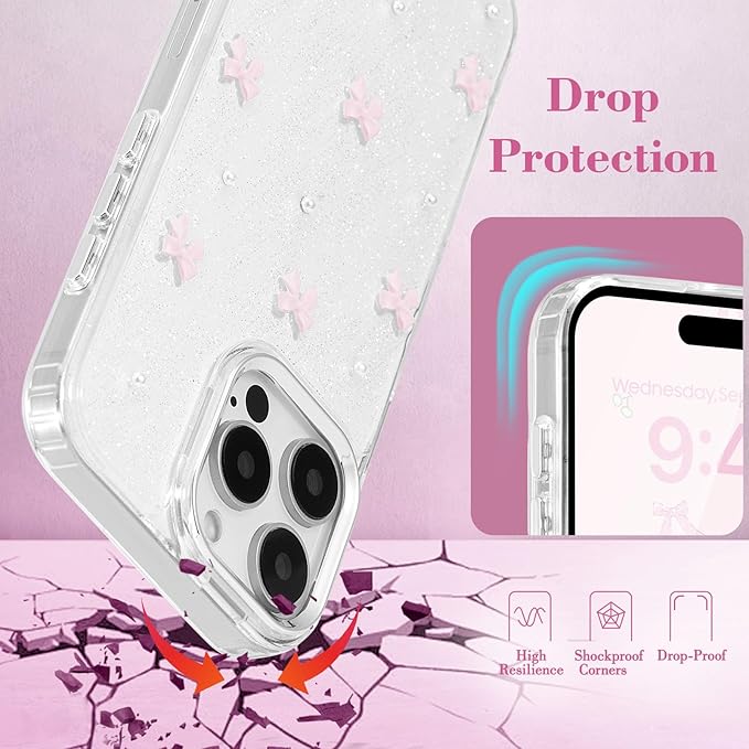 EYZUTAK Case for iPhone 16 Pro, Bling Glitter 3D Bowknot Phone Case Cute Sparkly Crystal Clear Bow Aesthetic Design Case Slim Soft Durable TPU Transparent Protective Cover for Women Girl - Pink Bow