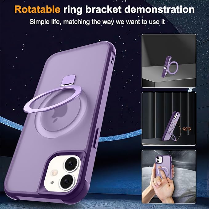 Magnetic Compatible with iPhone 12/12 Pro Case with Stand [Military Grade Drop Tested][Compatible with Magnet] Ring Translucent Slim Hard Back Soft Edge, Purple