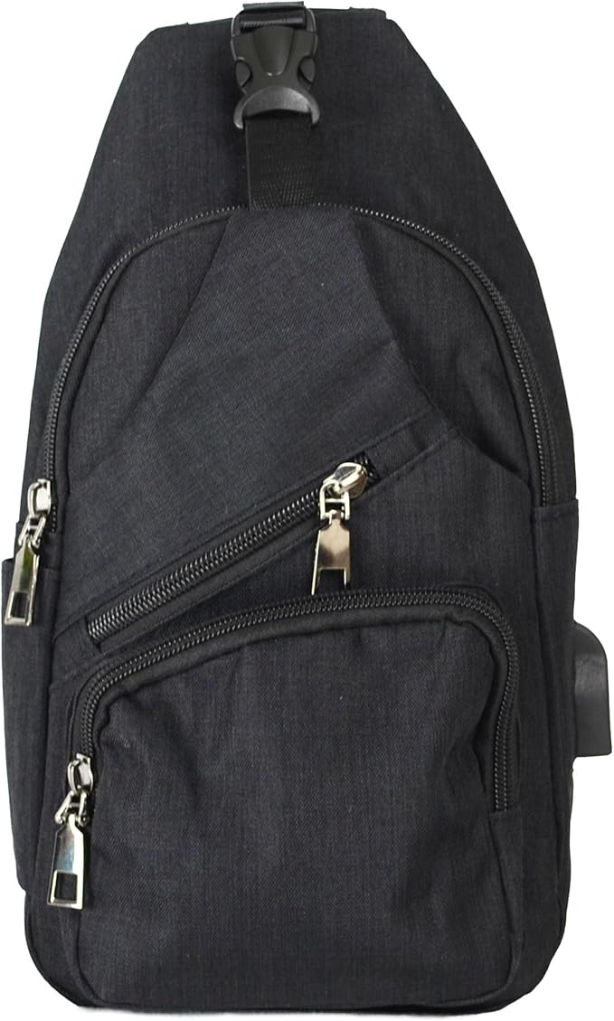 Anti-Theft Daypack Crossbody Sling Backpack, USB Charging Connector Port, Lightweight Day Pack for Travel, Hiking, Everyday, Regular, Black