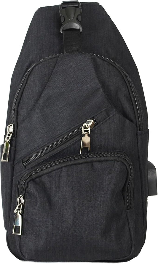 Anti-Theft Daypack Crossbody Sling Backpack, USB Charging Connector Port, Lightweight Day Pack for Travel, Hiking, Everyday, Regular, Black