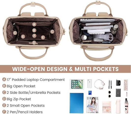 LOVEVOOK Leather Laptop Backpack for Women 17 inch,Travel Backpack Purse Nurse Teacher Backpack Computer Laptop Bag,Professional College Business Work Bags Carry On Backpack with USB Port,Sandy