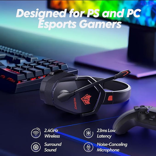 NUBWO Wireless Gaming Headset with Mic for Ps5 Ps4 PC, Zero Interference, 100-Hour Battery All-Day Play, 23ms Sync for Fortnite & Call of Duty/FPS Gamers, Triple Mode All Devices Compatible - Red