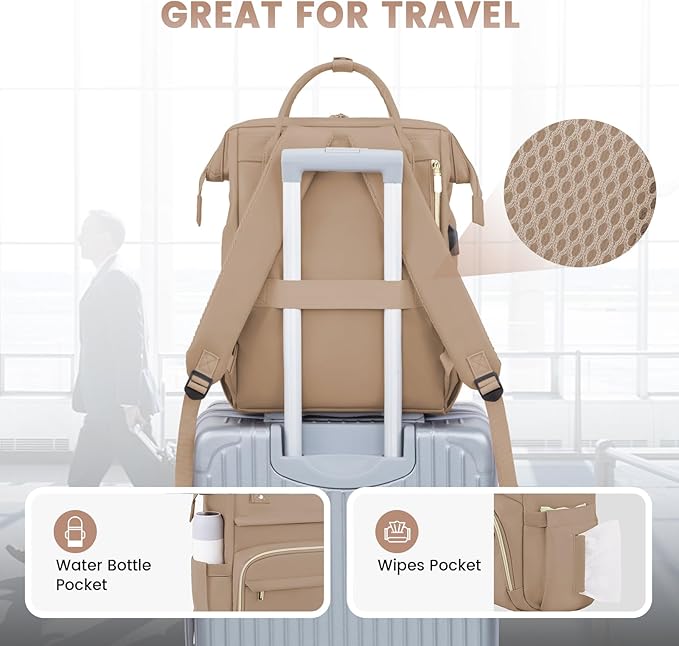 LOVEVOOK Leather Laptop Backpack for Women 17 inch,Travel Backpack Purse Nurse Teacher Backpack Computer Laptop Bag,Professional College Business Work Bags Carry On Backpack with USB Port,Sandy