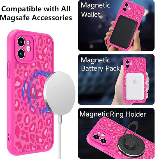 KANGHAR Case for iPhone 12 Hot Pink Leopard Printed Pattern Cute Cheetah [Compatible with Magsafe] Protective Magnetic Case for Girls Women 6.1"