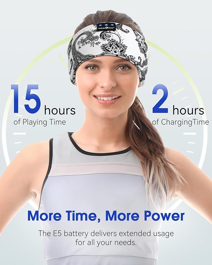 MUSICOZY Sleep Headphones Bluetooth Headband 5.4 Wireless Headband Headphones for Sleeping for Side Sleeper with Ultra-Thin HD Stero Speaker for Workout (White Flower)