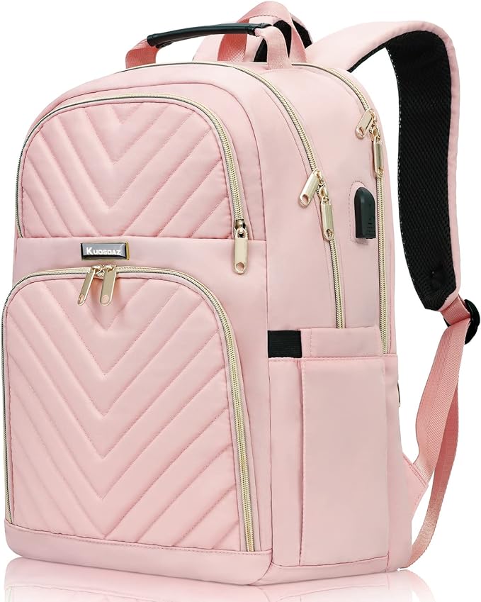 Laptop Backpack for Women, Large School Backpacks for Girls,17.3 Inch Fashion Quilted College Bookbags with USB Charger, Pink Womens Travel Backpack
