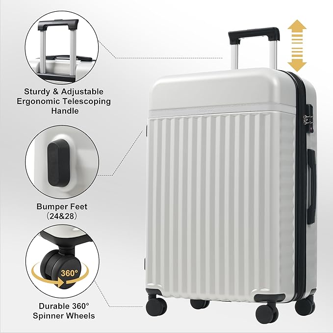 Merax Luggage Sets Front Opening, 2 Piece Hardshell Suitcase with Spinner Wheels and Bags,Lightweight Carry on Luggage with USB Port,20+24,White Grey