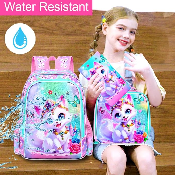 3Pcs Fox Backpack for Girls, 16" Kids Bookbag with Lunch Box，School Backpacks for Elementary Preschool Kindergarten (Pink)