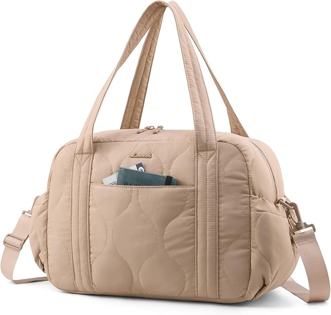 LOVEVOOK Gym Bag for Women, Puffer Travel Duffle Bag with Wet Pocket, Lightweight Carry On Bag Weekender Overnight Bag with Toiletry Bag, Multiple Pockets Hospital Bags for Labor and Delivery, Khaki
