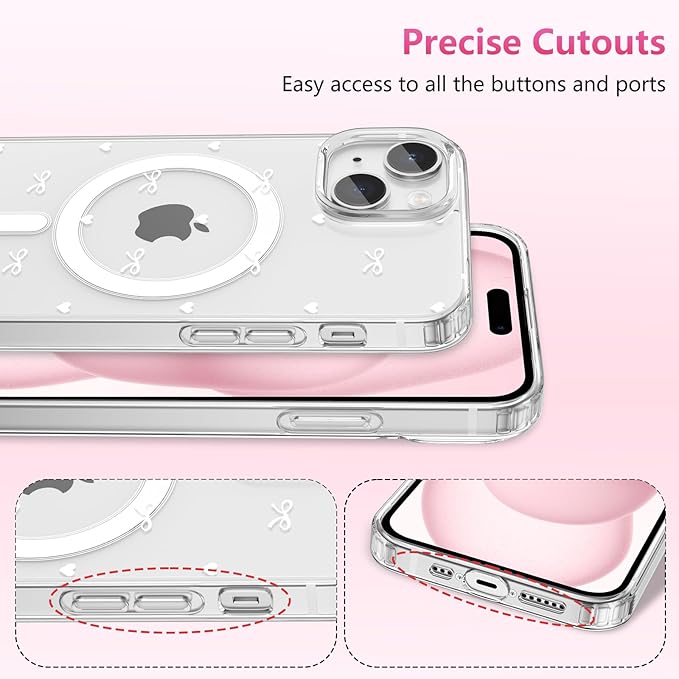 ZTOFERA for iPhone 14 Plus/15 Plus Magnetic Case Clear,Cute Love Heart Ribbon Bow Tie Aesthetic Phone Case,Transparent Trendy Slim Soft Shockproof Protective Phone Cover for Women Girls,White