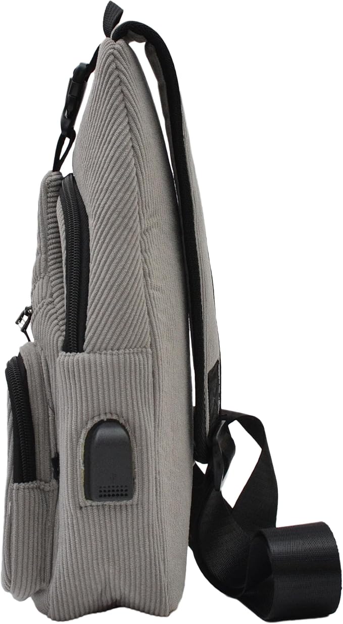 Anti-Theft Daypack Crossbody Sling Backpack, USB Charging, Lightweight Day Pack for Travel, Hiking, Everyday, Regular, Gray Corduroy