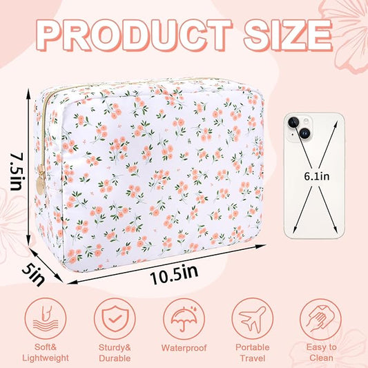 Waterproof Large Floral Makeup Pouch,Nylon Travel Toiletry Storage Purse Preppy Cosmetic Bag for Women Girl,Large Capacity Makeup Organizer Zipper Pouch for Work(L White-Flowers)