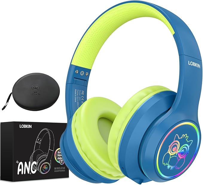 LOBKIN Active Noise Cancelling Headphones for Kids,Bluetooth 5.4,Kids Headphones Wireless with Mic 50H Playtime AUX Cord Safe Volume Limited Foldable for Boy Girl Travel/School/iPad(with LED Lights)