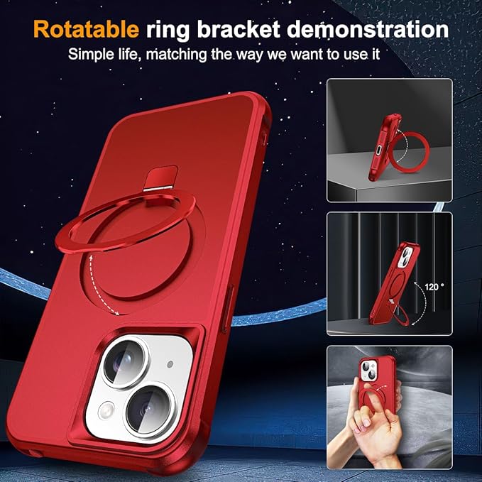 Compatible with iPhone 15 Case with Invisible Magnetic O-Ring Stand Military-Grade Case for iPhone 15 6.1" [Compatible with Mag-Safe][Great Grip Feeling], Red