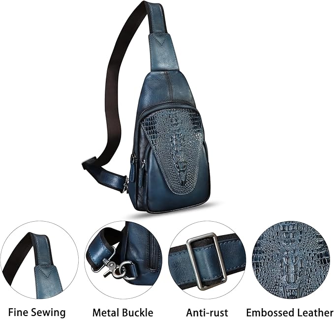 Genuine Leather Sling Bag Embossed Crocodile Pattern Leather Crossbody Sling Backpack Handmade Chest Purse Daypack (Navy Blue)