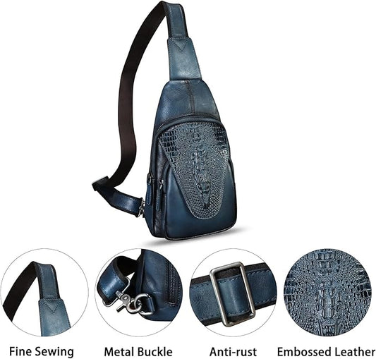 Genuine Leather Sling Bag Embossed Crocodile Pattern Leather Crossbody Sling Backpack Handmade Chest Purse Daypack (Navy Blue)
