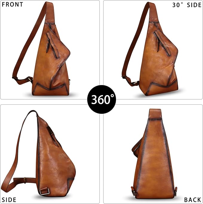 Genuine Leather Sling Bag for Men and Women Vintage Full Grain Leather Sling Purse Chest Daypack Over Shoulder Crossbody Bag (Brown)