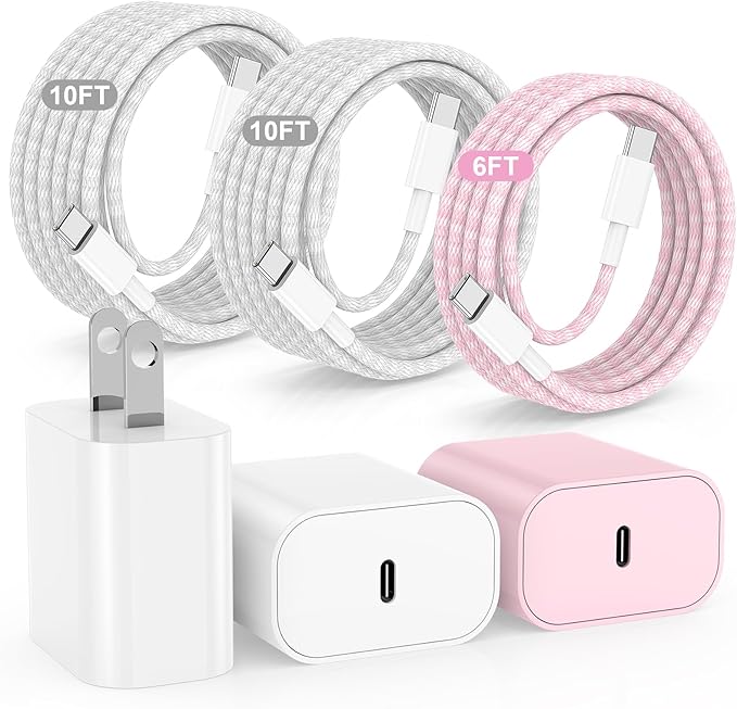 3Pack 20W USB C Wall Charger Block, USB C Charging Adapter,Super Fast Charging Power Plug Cub for iPhone 16/15,i-Pad Pro,Galaxy S25,and More-White+Pink