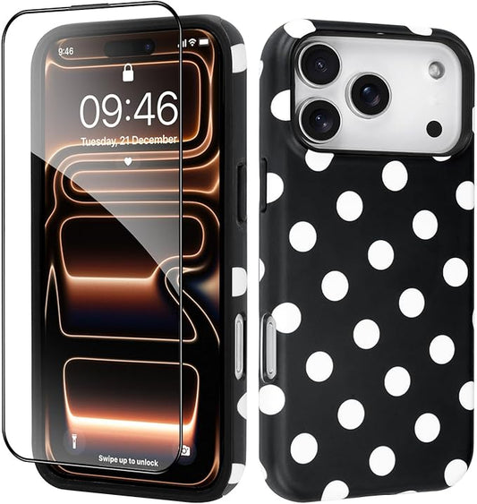 SOKAD Magnetic Polka Dots Phone Case for iPhone 17 Pro Max, Cute Pattern Compatible with Magsafe Matte Protective Case Cover with Screen Protector for Girls Women, Black