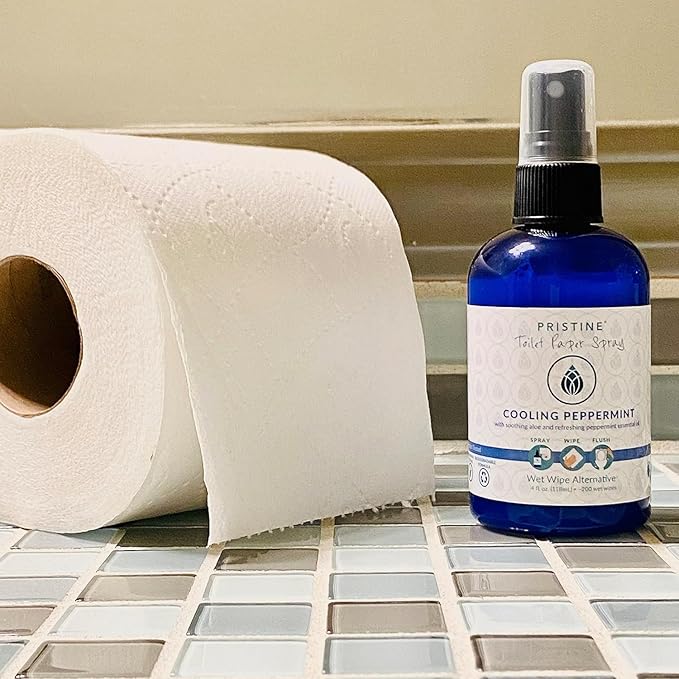 PRISTINE Toilet Paper Spray - As Seen on Shark Tank, More Natural Personal Cleansing Wipes & Flushable Wet Wipes Alternative, Spray Toilet Paper to Create Flushable Wipe, Cooling Peppermint, 4 fl oz