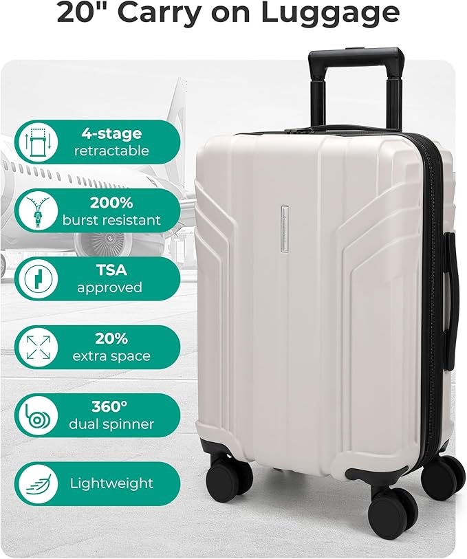 BAGSMART Expandable Carry On Luggage 22x14x9 Airline Approved, 1OO% PC Lightweight Hard Shell Suitcase, 20 Inch Travel Luggage with Spinner Wheels, Waterproof Rolling Suitcase, Biege