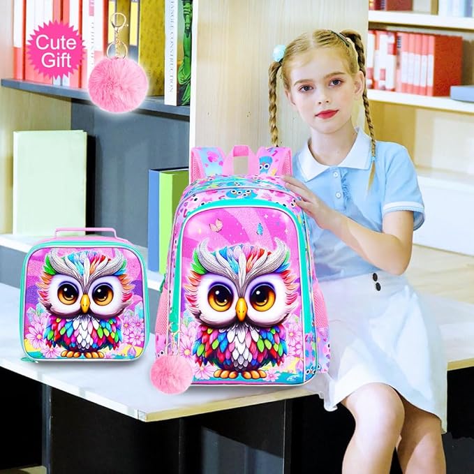 3Pcs Backpack for Girls, 16" Kids Bookbag with Lunch Box, Owl School Backpacks Set for Elementary Preschool Kindergarten(Pink)
