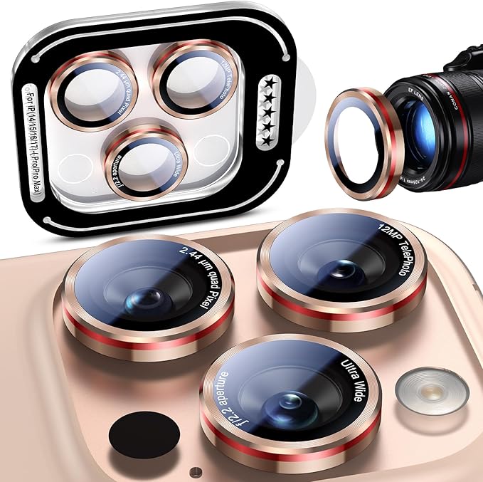 Uyiton for iPhone 17 Pro Max/17 Pro/16 Pro Max/16 Pro/15 Pro Max/15 Pro/14 Pro Max/14 Pro Camera Lens Protector - Military-Grade Tempered Glass Metal Camera Cover, Easy to Install, Gold+Red