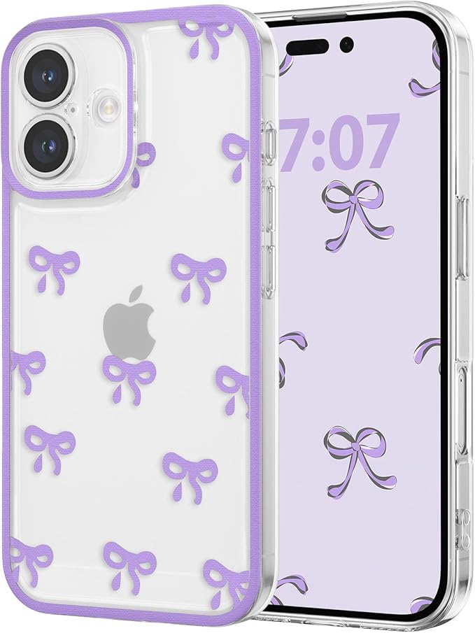EYZUTAK Case for iPhone 16, Clear Cute Ribbon Bowknot Pattern Aesthetic Transparent Phone Case Raised Camera Protection Stylish Slim Soft Durable TPU Protective Cover for Women Girls - Purple