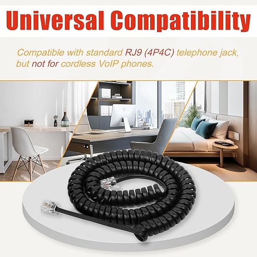 Uvital Telephone Phone Handset Cable Cord, Coiled Length 1.2 to 10 Feet Uncoiled Landline Phone Handset Cable Cord RJ9/RJ10/RJ22 4P4C(Black,2 PCS)