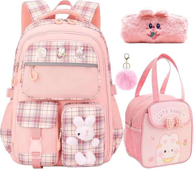 Girl Backpack for School Kids, Pink Cute Bookbag with Lunch Box Rainbow Elementary School Bag Pencil Case (Pink,3Pcs Set)