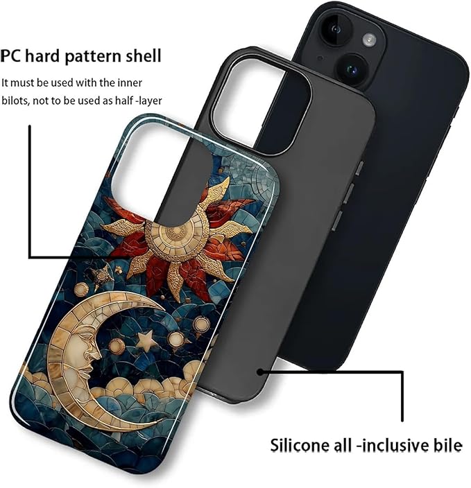 Case for iPhone 14 Plus Case,Sun Moon Stars Faux Stained Glass Design Hybrid Dual Protection Silicone + Hard PC Shockproof Full Body Cover Slim Anti-Scratch Protective Case for Men Women