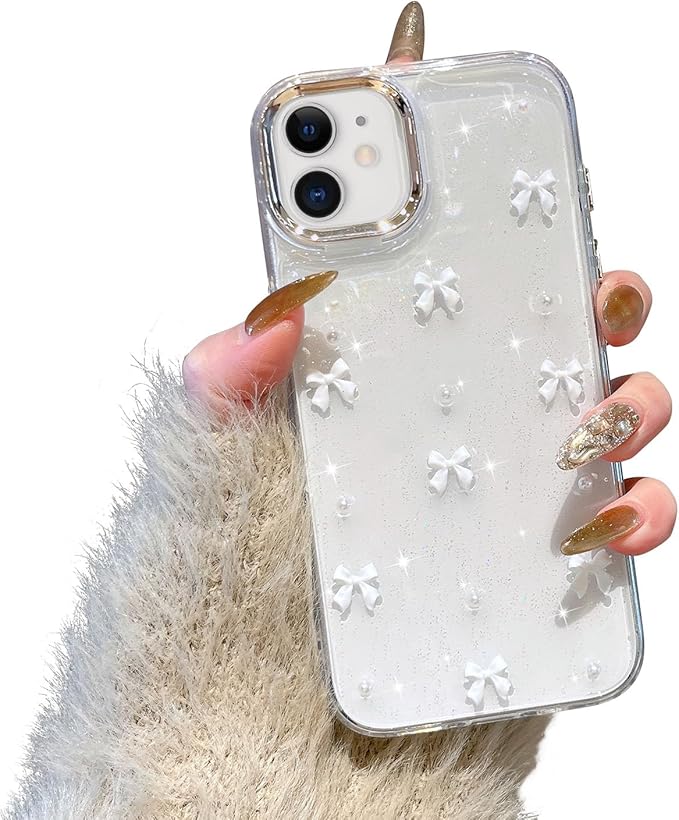 EYZUTAK Case for iPhone 11, Bling Glitter 3D Bowknot Phone Case Cute Sparkly Crystal Clear Bow Aesthetic Design Case Slim Soft Durable TPU Transparent Protective Cover for Women Girl - White Bow