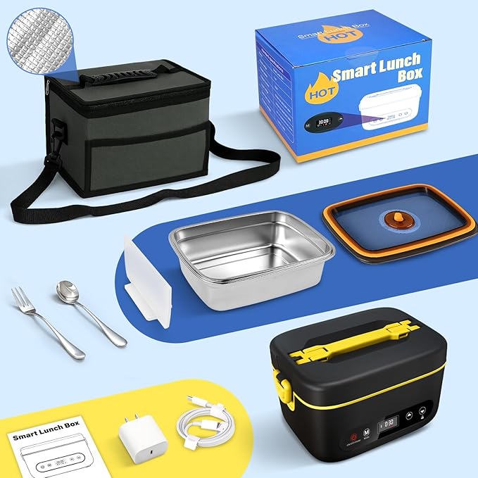 Cordless Electric Lunch Box,24000mAh Heated Lunch Box Battery Powered with Automatic Heating, 5Cups Portable Food Warmer,Multi-Mode Automatic Heating with an Insulated Bag and Utensils