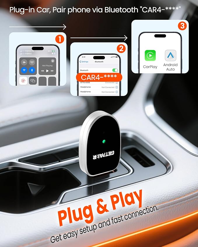 Mini 2-in-1 Wireless CarPlay & Android Auto Adapter GETPAIRR Mini 2, Dual WiFi 6 /Bluetooth 5.4, Auto-Reconnect, Stable Control and No Delay, Easy Setup for 98% OEM Wired Cars (2025 Upgrade)