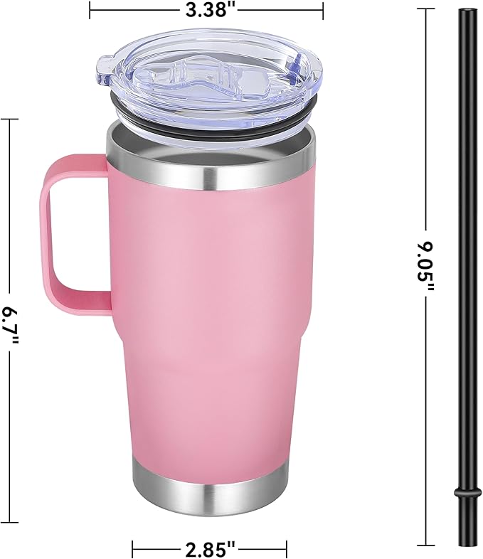 20 oz Stainless Steel Tumbler with Handle Metal Insulated Coffee Travel Mug with Handle Double Wall Tumbler Cup with Handle and Lid, Pink 1 Pack