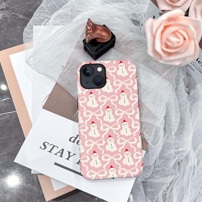 DAIZAG Case Compatible with for iPhone 15,Christmas Snowman Pink Bow Phone Case for iPhone 15 for Girl Women Boy Men