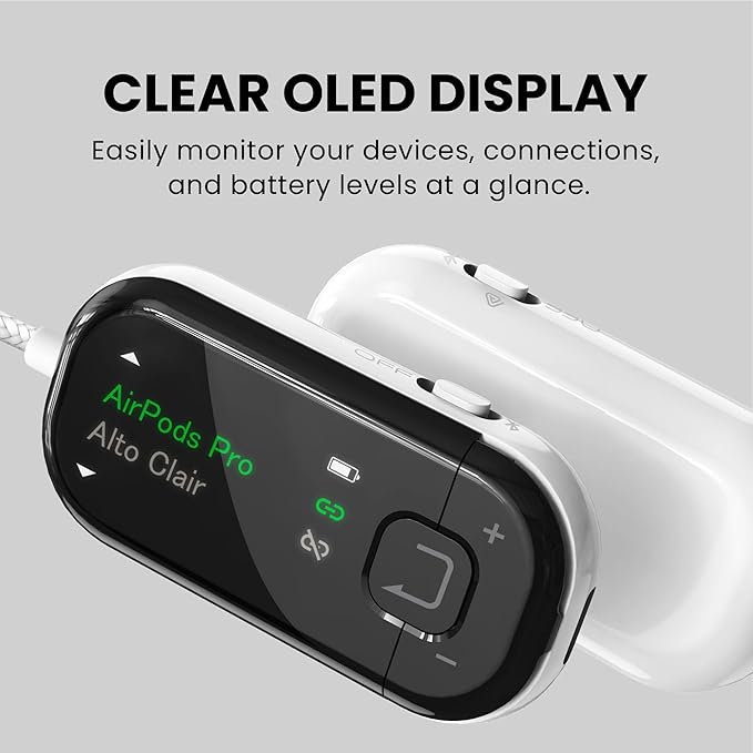 Avantree Voyager - Airplane Bluetooth Adapter for Headphones & AirPods, Bluetooth 5.4 with Latest Auracast & OLED Display, Qualcomm Chip, aptX Adaptive, Wireless Audio Transmitter for Travel & Flight