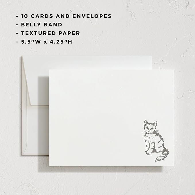 Minted Furry Friend Stationery Set, Set of 10, Flat Note Cards & Envelopes for Invitiations and Handwritten Thank You Messages, Black & White Cat, Gifts for Men & Women, Pet Lovers, Luxurious Paper