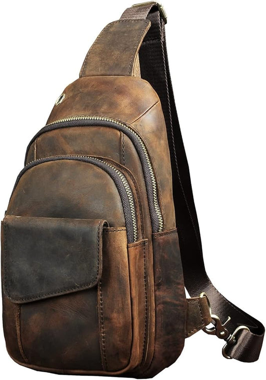 Le'aokuu Men Outdoor Casual Travel Hiking Tea Crossbody Chest Sling Bag Rig One Shoulder Strap Bag Backpack Men Leather