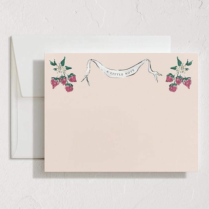 Minted Strawberry Queen Stationery Set, Set of 10, Flat Note Cards & Envelopes for Invitiations and Handwritten Thank You Messages, Strawberries & Vintage Banner, Gifts for Women, Luxurious Paper