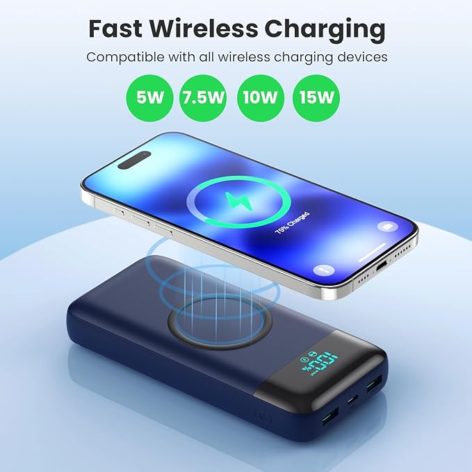Wireless Portable Charger 40800mAh with 3 Built-in Cables,7-in-1 15W Wireless Charging Power Bank,25W PD QC 4.0 Fast Charging USB C LCD Display Battery Pack for iPhone 16/15/13,Samsung,Android-Blue