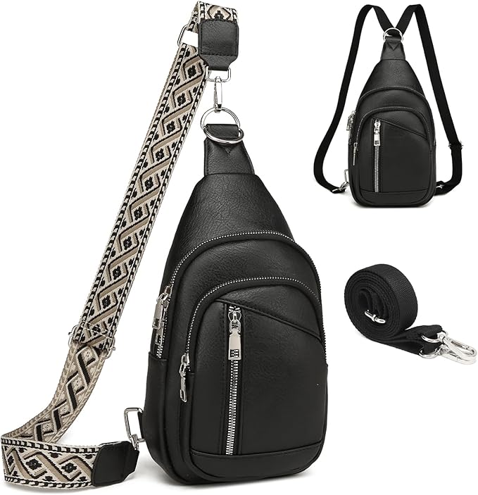 Sling Bag Crossbody Backpack - 2 in 1 Leather Cross Body Bag Fanny Pack with 2 Removable Straps