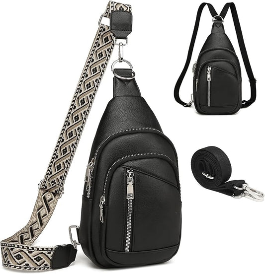 Sling Bag Crossbody Backpack - 2 in 1 Leather Cross Body Bag Fanny Pack with 2 Removable Straps